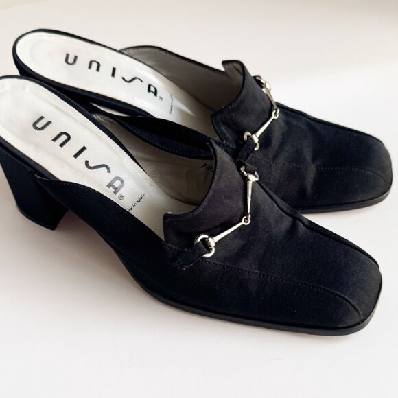 Vintage Unisa Black Satin Horsebit Detail Block Heel Slides 7.5B - Picture 1 of 10